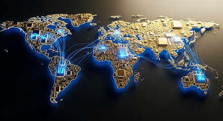Global network connecting continents with advanced technology, seamless connectivity across the world map design