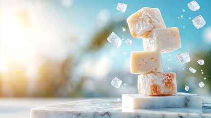 Creamy Cheese Cubes Levitating with Ice on Marble