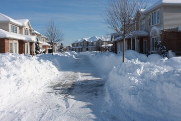 Snow Plowed Driveway. North America Neighbourhood After Winter Snow Storm