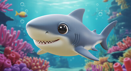 Obraz premium cartoon shark illustration, smiling and funny sea animal, cute marine character for kids, playful ocean wildlife design, isolated on background.