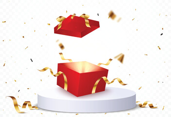Open box with podium and confetti, design element for celebrations and advertising banner