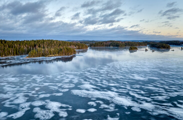 aerial view of  the icy lake in winter