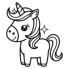 Adorable kawaii unicorn coloring page with sparkles and stars