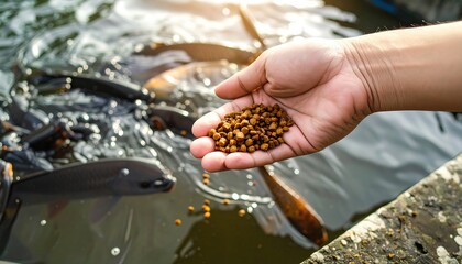 A hand holds fish food pellets over a pond filled with fish.