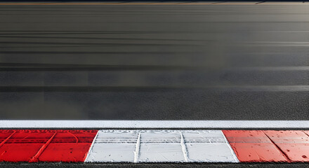 Race track asphalt with red and white curbing, overhead view