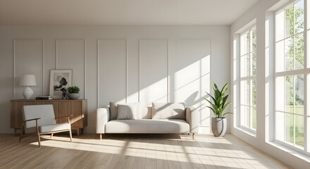 Fototapeta premium Bright living room with a sofa, chair, cabinet, plant, and artwork, bathed in sunlight streaming through large windows.
