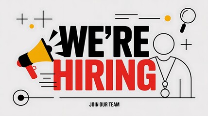 Were hiring announcement isolated on white background, featuring a megaphone and a person icon, indicating an open position and the invitation to join the team for career advancement