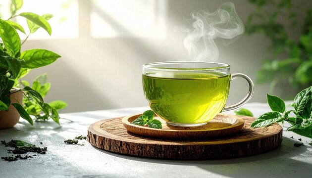 A steaming cup of vibrant green tea sits elegantly on a wooden coaster, surrounded by fresh green leaves, and bathed in the soft morning light, creating a serene and inviting atmosphere.