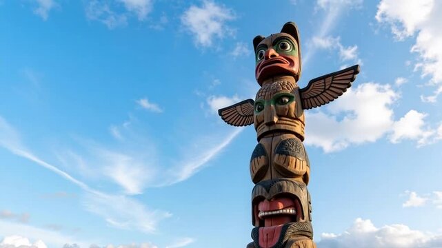 Vibrant totem pole against a bright blue sky, showcasing Native American culture and history