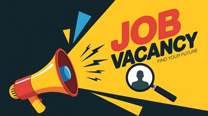 Job vacancy announcement with megaphone and magnifying glass illustration, highlighting career opportunities and recruitment, ideal for attracting potential employees and job seekers