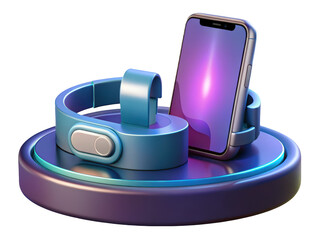 Smartphone on a charging stand with a modern blue aesthetic design and purple screen3d illustration isolated on transparent background