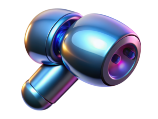 Stylish blue wireless earbuds technology with vibrant iridescent reflections 3d illustration isolated on transparent background