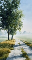 Obraz premium Serene watercolor landscape of a countryside road lined with green trees and soft morning light