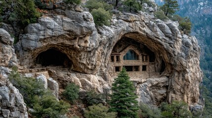 Naklejka premium A natural cave formed on a mountain cliff