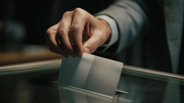 A man is putting money into a slot. The slot is white. The man is wearing a suit. Faceless senator pressing voting button, vote-a-rama clean documentary muted