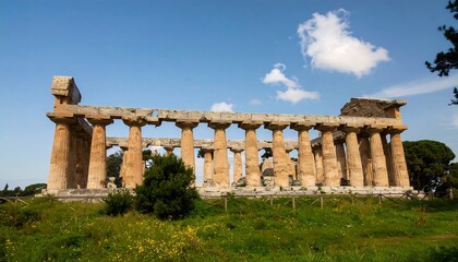 Ancient Greek temple ruins stand proudly against a vibrant, clear sky, exhibiting intricate details and weathered stonework.