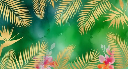 Golden Palm Leaves and Tropical Flowers on Emerald Green Watercolor Background