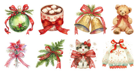 PNG Festive watercolor Christmas illustrations collection, element set on transparent background
