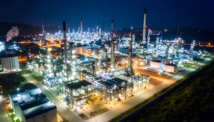 Fototapeta premium Illuminated Industrial Complex at Night with Pipes, Tanks, and Chimneys Under Dark Sky