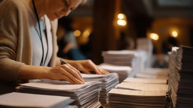 A woman is writing on a stack of papers. There are many stacks of papers in front of her. staff preparing piles of amendment papers for vote-a-rama, clean documentary editorial