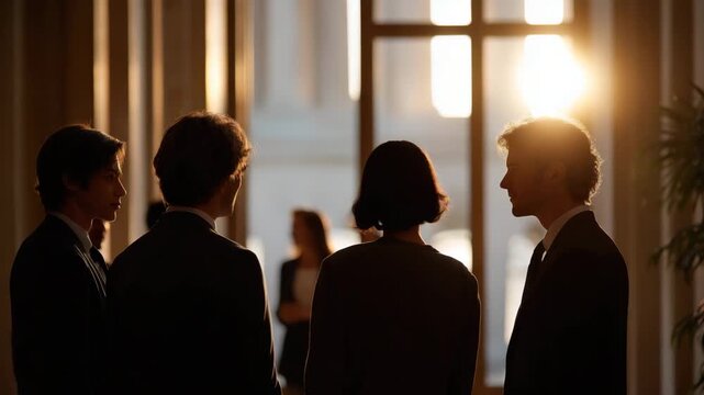 Four people are standing in a room. Two of them are wearing suits. One of the men is wearing a tie. Faceless group of senators discussing before voting, vote-a-rama documentary muted editorial