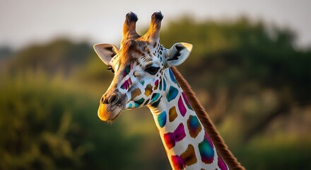 Obraz premium Colorful Painted Giraffe in Natural Landscape During Sunset