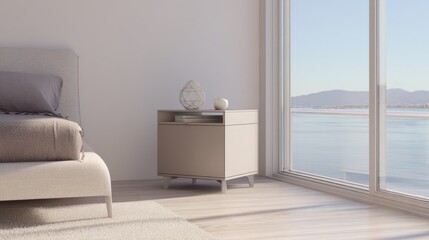 nightstand,corner,sleep,bedroom,bed,interior,neutral,furniture,comfort,relaxation,rest,minimal,design,space,calm,home,decor,view,window