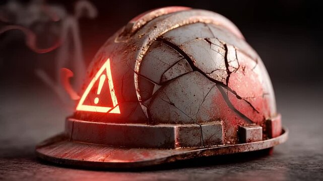 Risk management and safety helmet cracked warning danger alert in workplace, glowing red symbol highlights accident prevention and industrial safety
