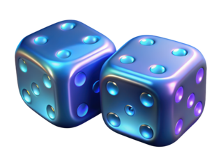 Two glossy blue dice on background symbolizing chance and luck 3d illustration isolated on transparent background