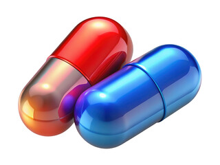 Two pharmaceutical capsules red and blue pills medicine health care concept 3d illustration isolated on transparent background