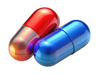 Two pharmaceutical capsules red and blue pills medicine health care concept 3d illustration isolated on transparent background