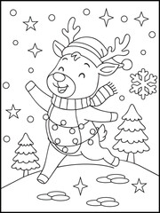 Christmas Reindeer in Scarf and Hat with Snowflakes Coloring Page for kids and adults. Illustration of cute cartoon characters.