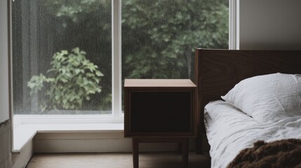 nightstand,corner,sleep,bedroom,bed,interior,neutral,furniture,comfort,relaxation,rest,minimal,design,space,calm,home,decor,view,window
