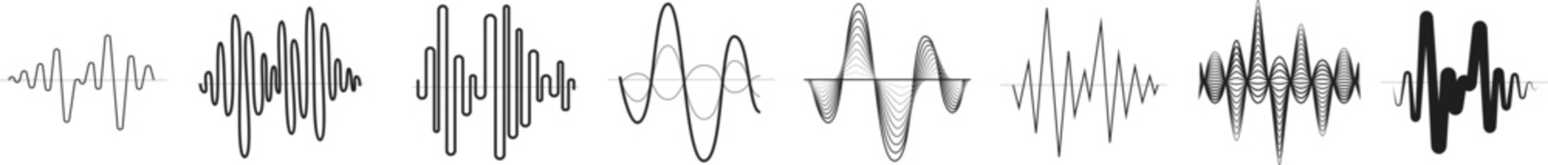 Podcast sound equalizer. Audio waveforms line icons, sound wave frequency or voice microphone signals. Music, podcast and broadcast, UI and audio branding design. Isolated vector illustration png set