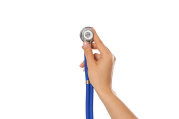 Hand gripping a stethoscope for assessment, isolated on white, PNG