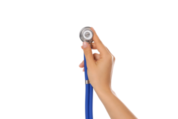 Hand gripping a stethoscope for assessment, isolated on white, PNG
