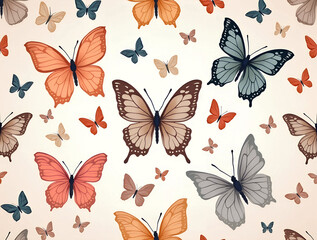 Butterfly pattern in orange, blue, and gray on light background. Perfect for textile design and fashion blogs.