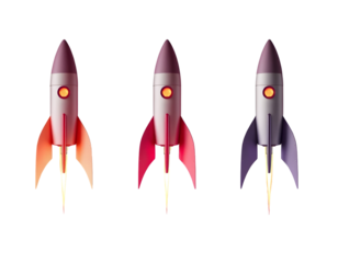 Three stylized rocket ships in flight, isolated on a transparent background.