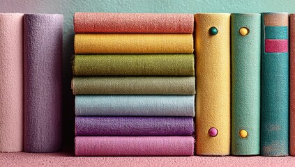 Pastel-colored books stacked against a wall