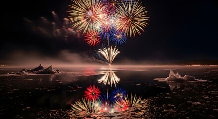 Fireworks Display Over Icy Water at Night