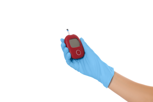 Blue-gloved hand holds glucose monitor, isolated on white, PNG