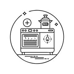Kitchen stove with oven, cooking pot, and plus sign, home appliance icon