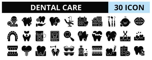 30 Dental Care Glyph Icons Vector - Dental Clinic, Dentist Tool, Mouth, Maxilla, Dental Floss, Broken Tooth, Mouthwash  ©  karyative
