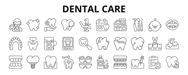 30 Dental Care Line Icons Vector - Dental Clinic, Dentist Tool, Mouth, Maxilla, Dental Floss, Broken Tooth, Mouthwash  ©  karyative