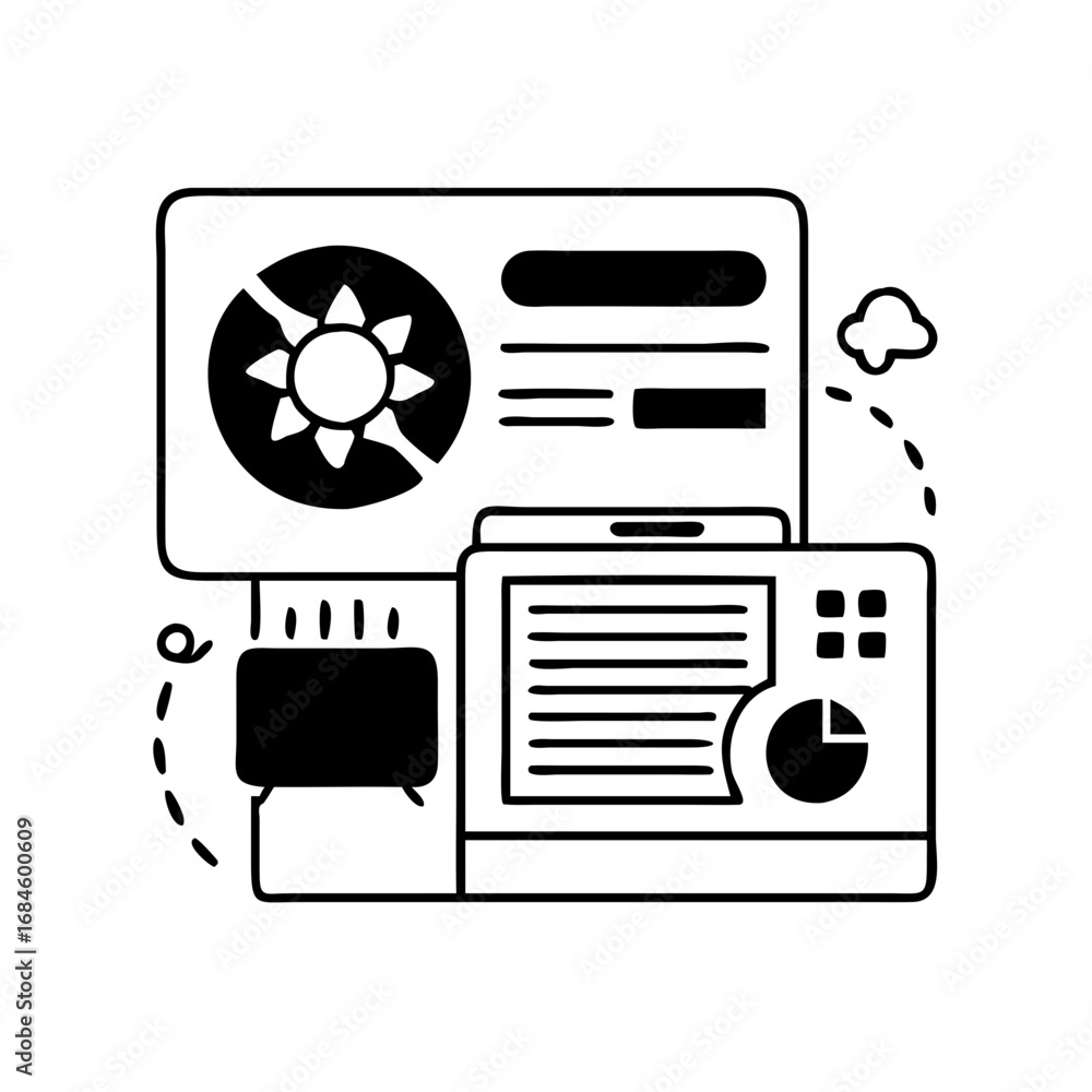 Poster computer screen displaying sun icon and data, with laptop and chat bubble icon