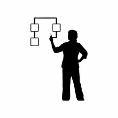 Silhouette of a researcher working on a complex algorithm flowchart