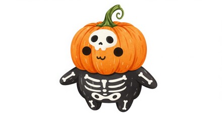 a cute cartoon pumpkin character wearing skeleton costume in a colorful watercolor style illustration for autumn and halloween decorations