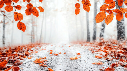 Misty Winter Forest Path with Orange Leaves and Snow