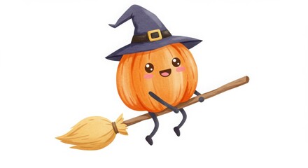 a cute cartoon pumpkin character riding a broomstick in a colorful watercolor style illustration for autumn and halloween decorations