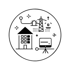 Obraz premium Smart grid technology connecting homes, power lines, and a presentation screen icon